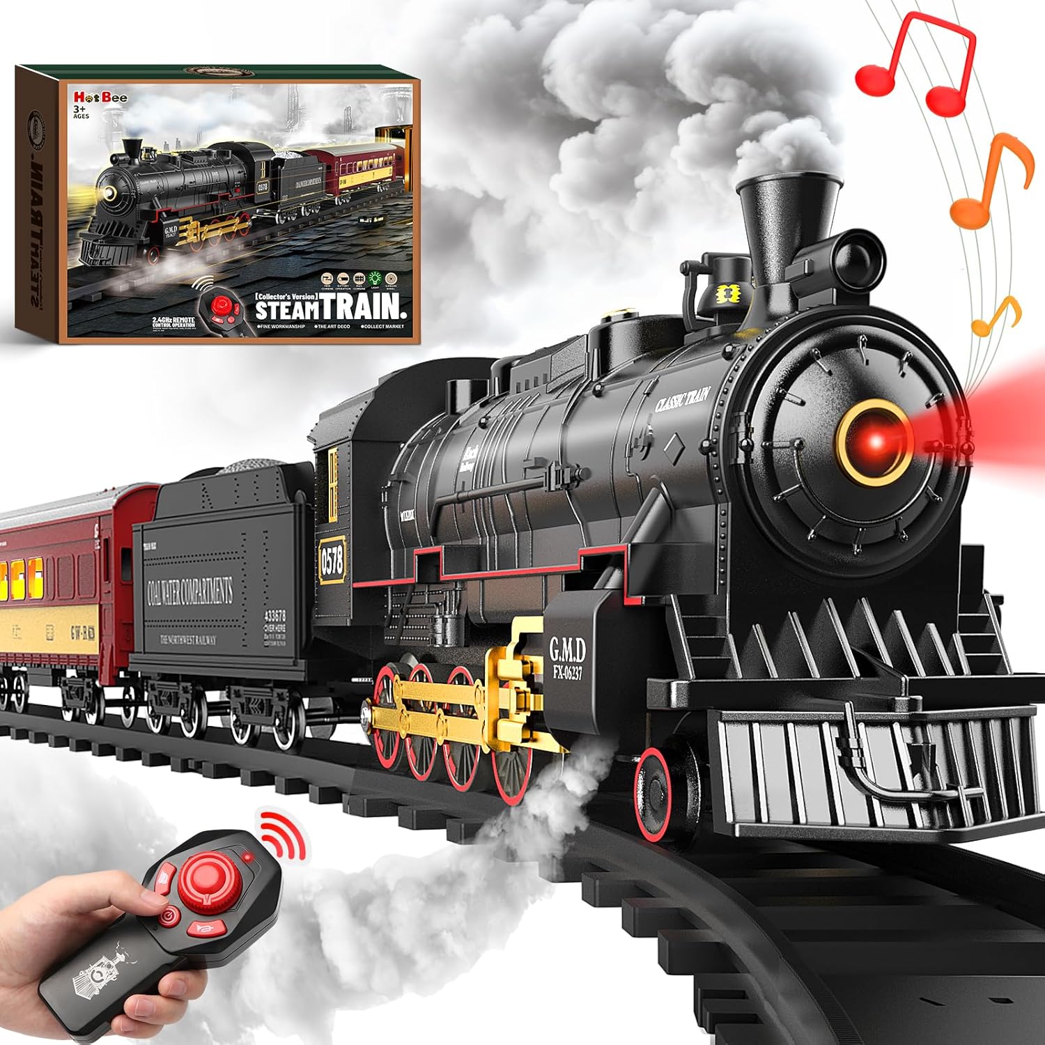 Toy Train Track Set - 증기 기관차, 조명이 있는 여객차 및